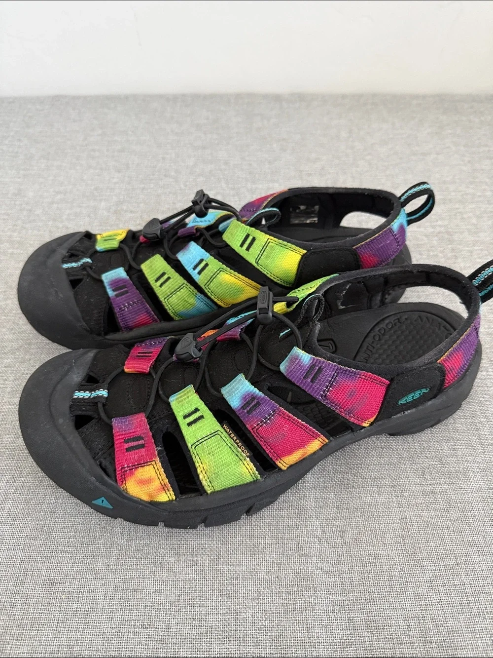 Keen Men's Black Sandals with Rainbow Tie-Dye Straps